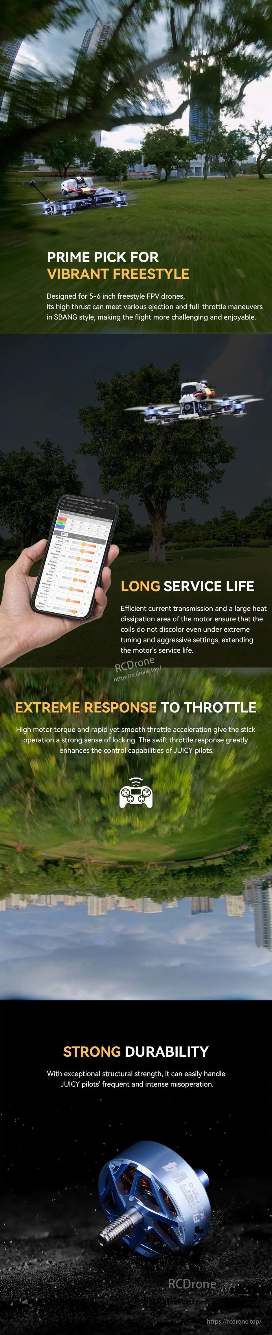 T-Motor FPV drone motor promo showing a blue motor and a 5–6 inch freestyle quad in flight with durability text