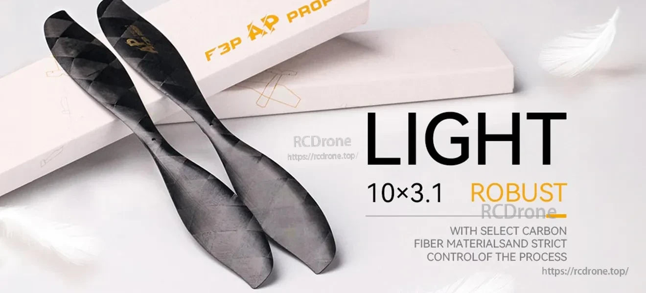 T-Motor FS10X3.1 Carbon Propeller, T-Motor FS 10x3.1 carbon fiber propeller blades with 10x3.1 size marking and “LIGHT” text on background
