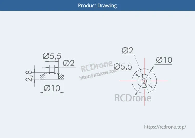 T-Motor FS10X3.1 Carbon Propeller, T-Motor FS10X3.1 propeller hub drawing with Ø10 mm outer diameter, Ø5.5 mm step, Ø2 mm center hole, 2.8 mm thick