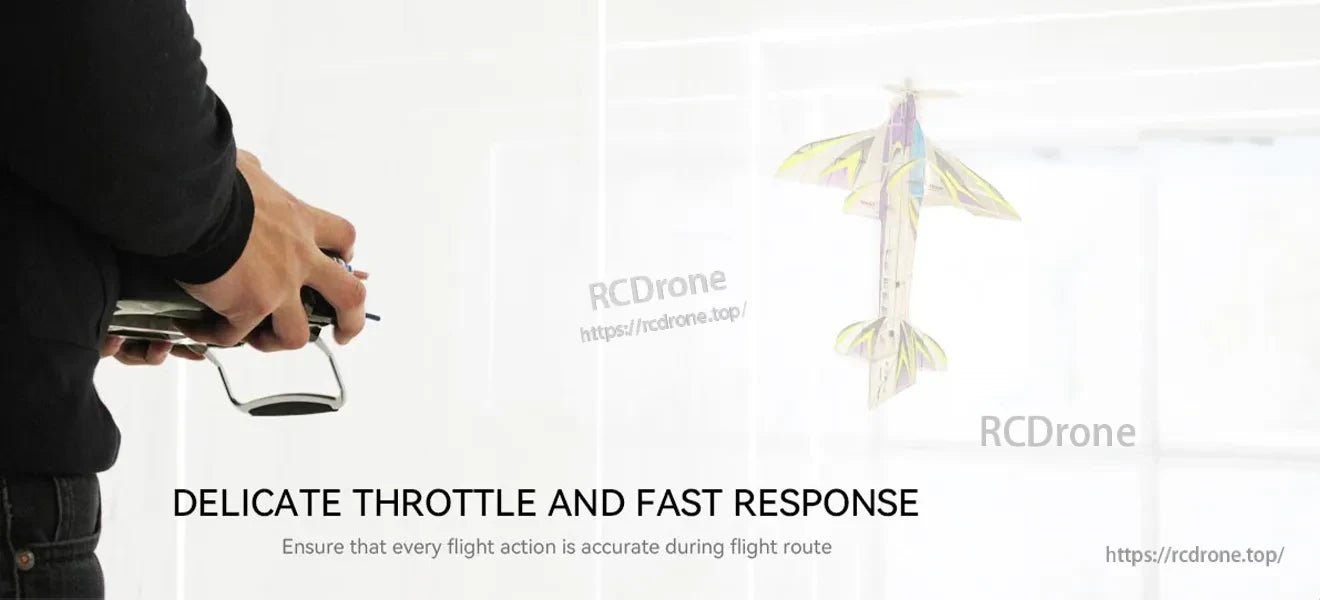 T-Motor FS10X3.1 Carbon Propeller, Person holding an RC transmitter controlling a small model airplane in flight, with text about throttle response