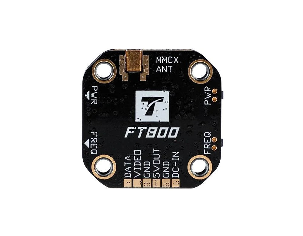 T-Motor FT800 5.8GHz VTX board with MMCX antenna connector and labeled solder pads for video and power