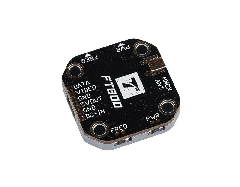 T-Motor FT800 5.8GHz VTX board with MMCX antenna connector, LED pads, and labeled solder pads for video and power