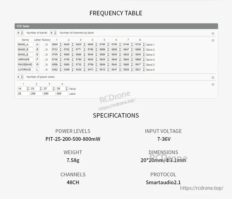 T-Motor FT800 5.8GHz VTX frequency table and specs showing 48CH, 7–36V input, SmartAudio 2.1, 800mW