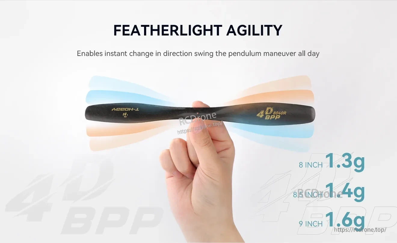 Hand holding a T-Motor BPP carbon fiber fixed-wing propeller marked 8040R, with 8–9 inch weight guide