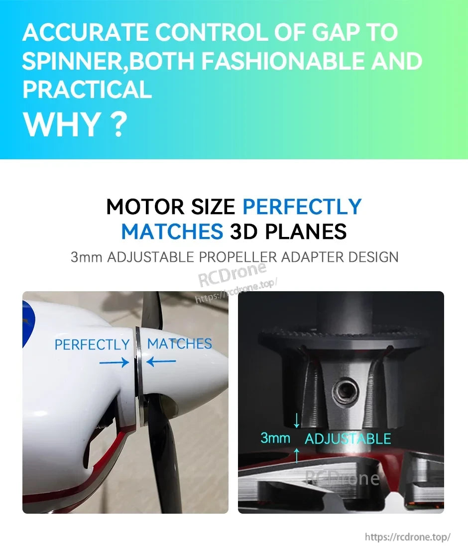 T-Motor, Graphic showing a 3mm adjustable propeller adapter to control the gap between motor and spinner