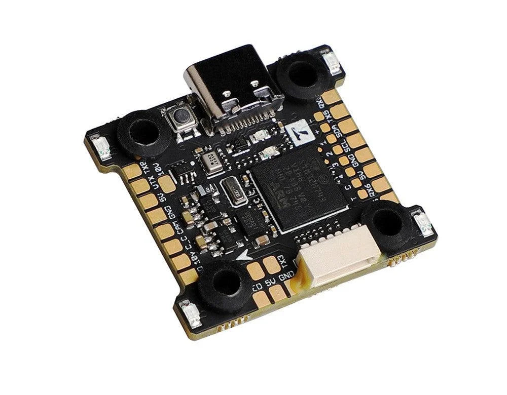 T-Motor H7 Mini flight controller board with USB-C port, boot button, solder pads, and four mounting holes