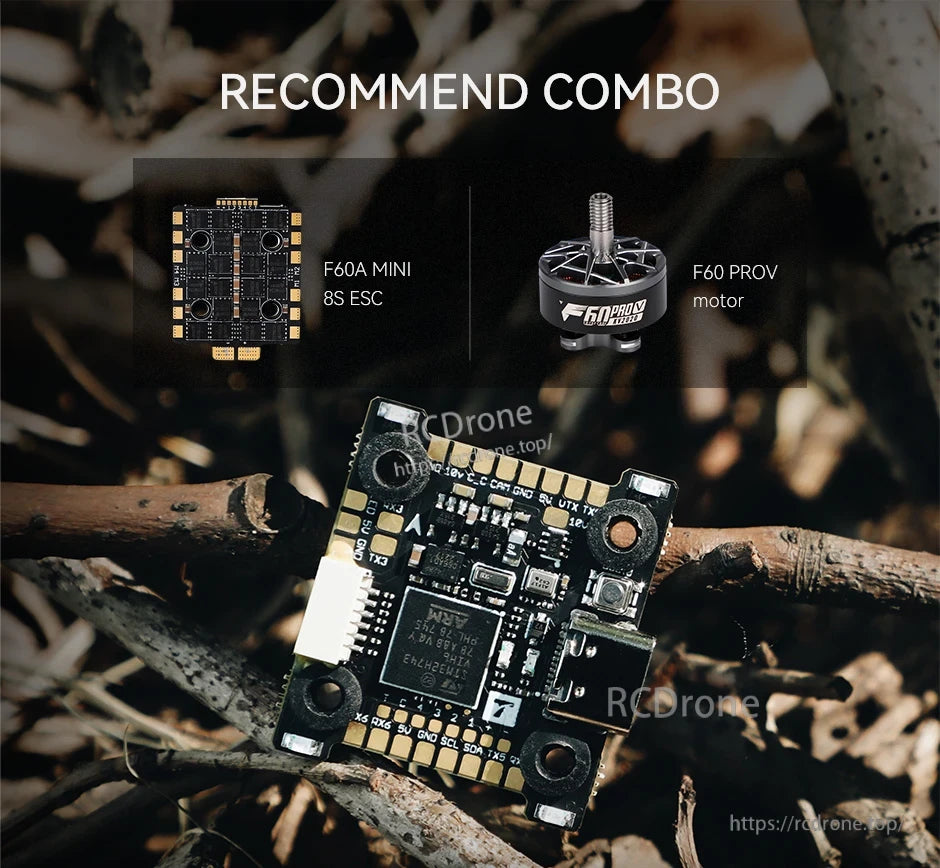 T-Motor H7 Mini flight controller board with labeled solder pads, connector plug, and recommended ESC/motor combo callout