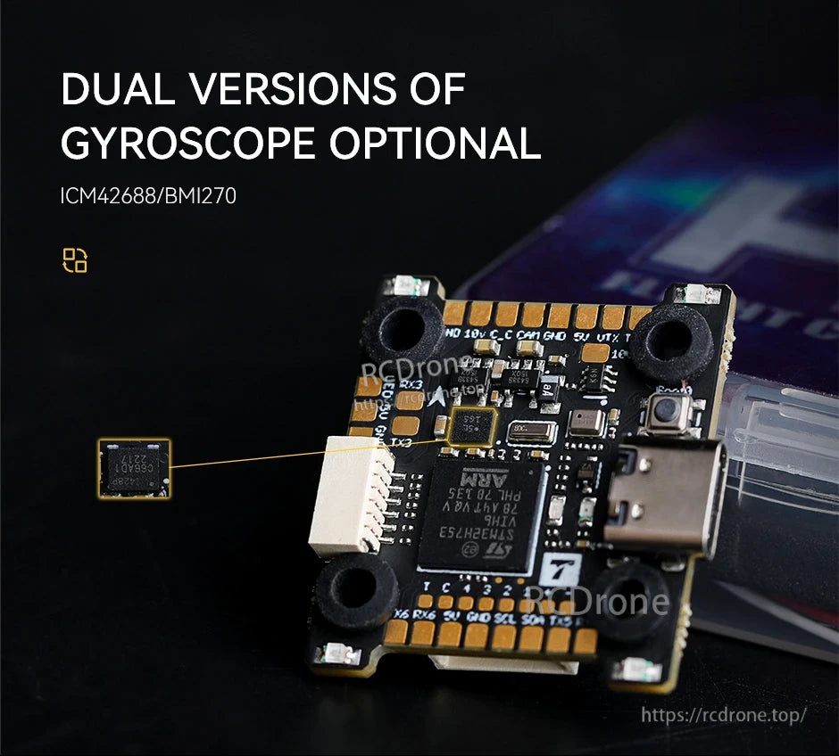 T-Motor H7 Mini flight controller board with USB-C port, mounting holes, and optional ICM42688/BMI270 gyro