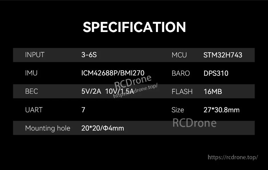 T-Motor H7 Mini flight controller specification table showing STM32H743 MCU, 3–6S input, 27×30.8mm size