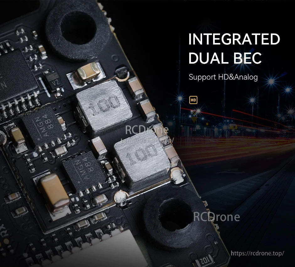 Close-up of T-Motor H7 Mini flight controller PCB with integrated dual BEC circuitry for HD and analog setups