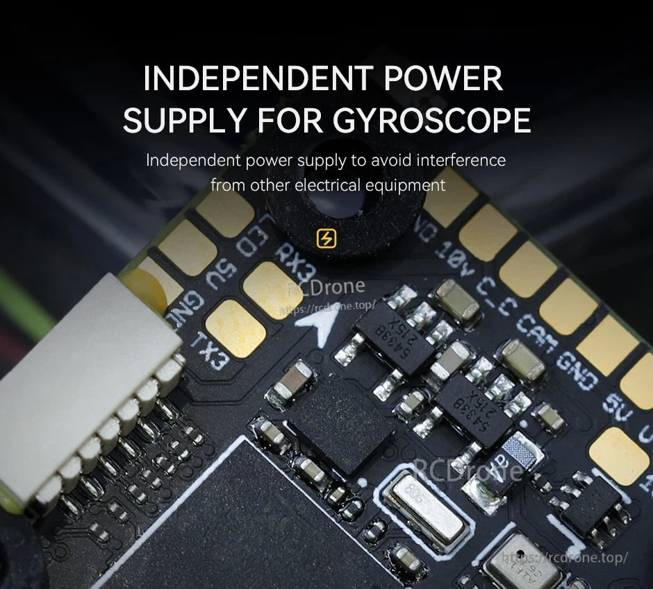 Close-up of T-Motor H7 Mini flight controller PCB highlighting independent gyroscope power supply circuitry.