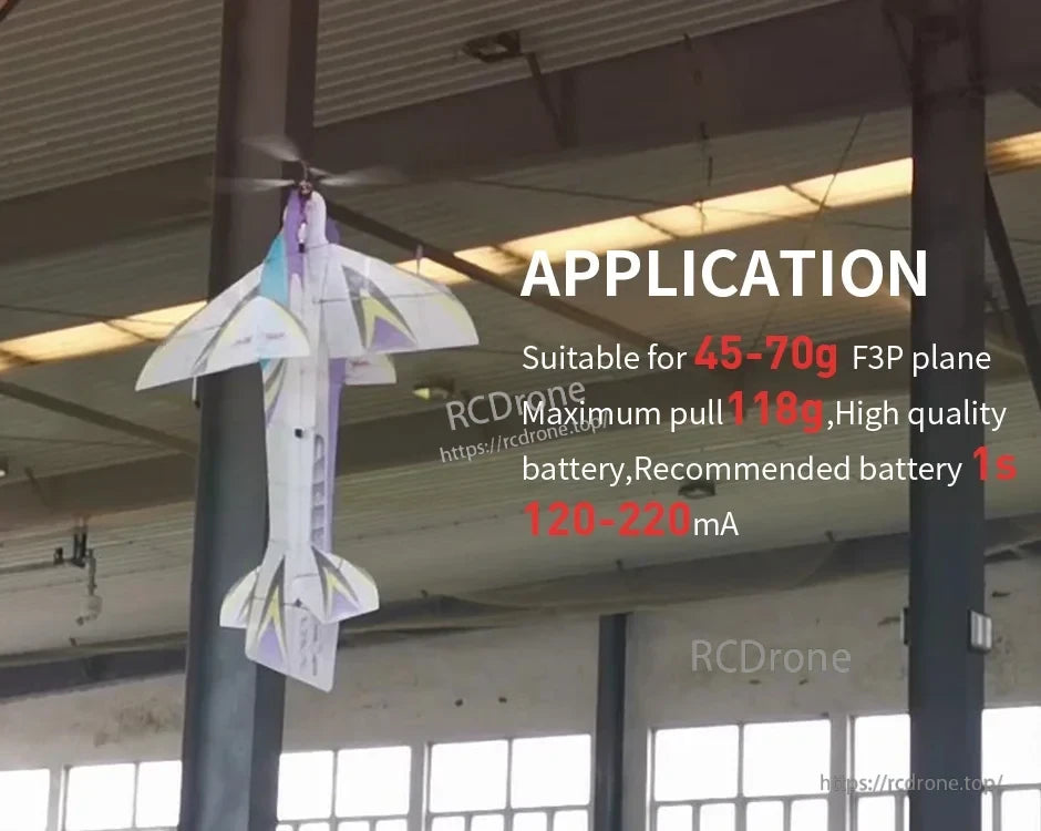 T-Motor, Indoor F3P model plane hovering vertically with on-screen specs: 45–70 g aircraft, 118 g max pull, 1S 120–220 mAh