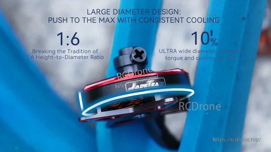 T-Motor, JadeTeam red brushless drone motor side view with large-diameter design text, 1:6 ratio and 10% cooling claim