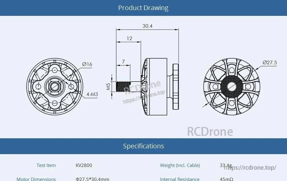 T-Motor KV2800 brushless motor dimension drawing showing Ø27.5×30.4 mm body, M5 shaft, and 4×M3 mount