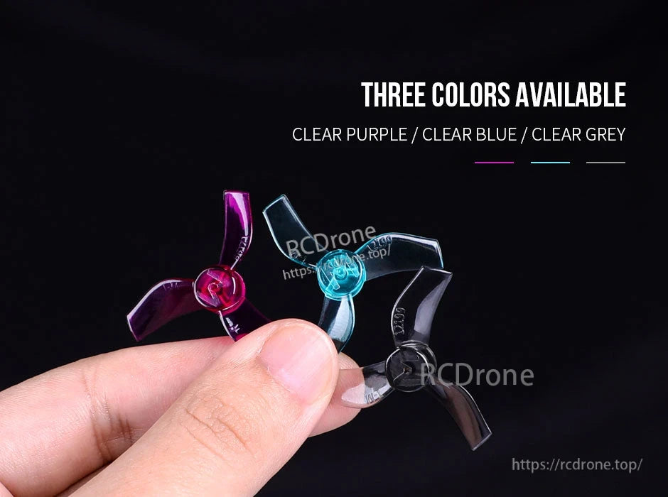 T-Motor M12199 Propeller, T-Motor M12199 three-blade drone propeller in clear purple, clear blue, and clear grey color options