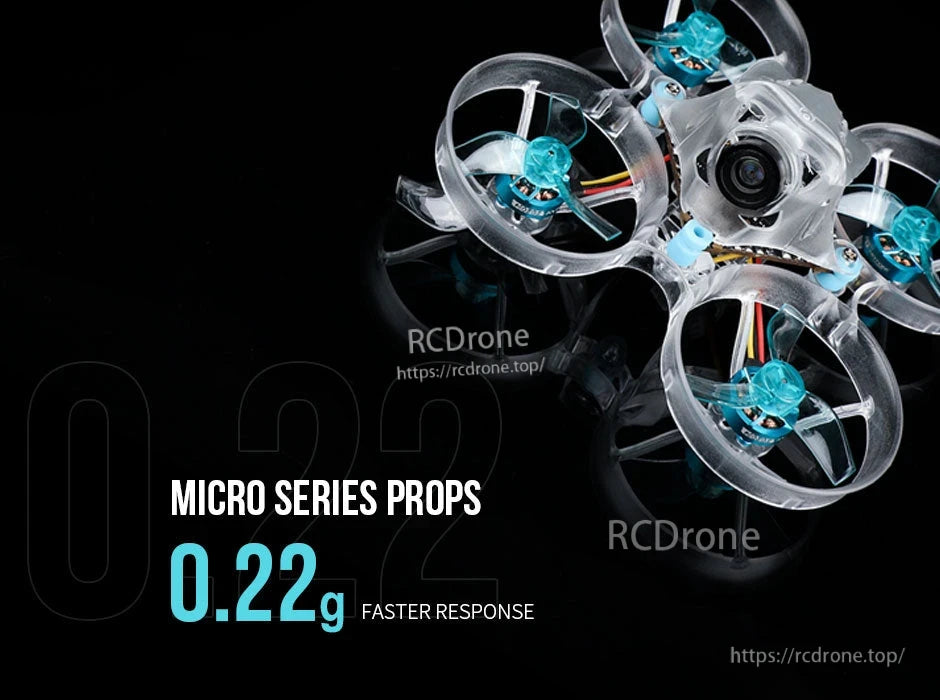 T-Motor M12199 Propeller, T-Motor M12199 micro series ducted propellers on a tiny FPV whoop drone, with 0.22 g weight text