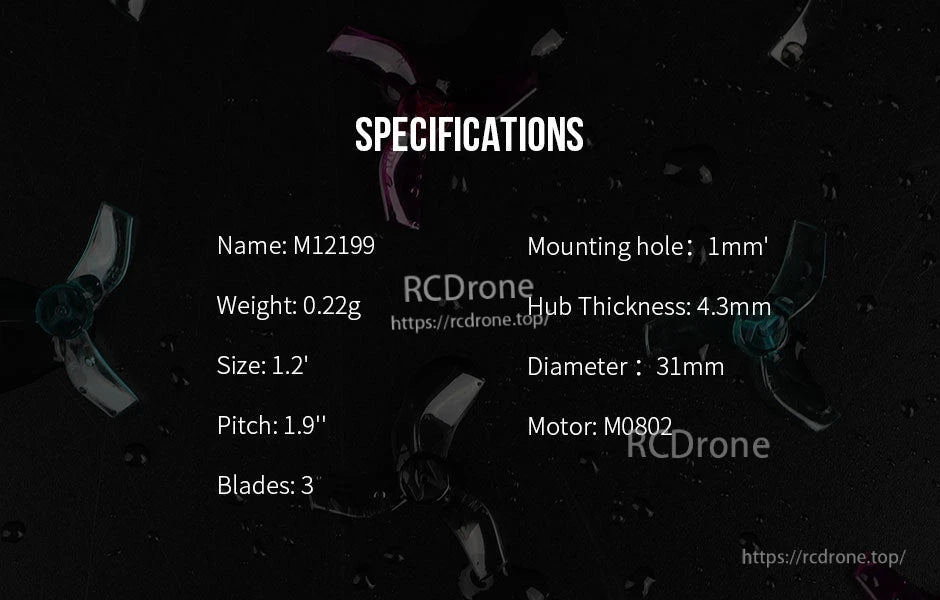 T-Motor M12199 Propeller, T-Motor M12199 3-blade micro drone propeller specs: 1.2in size, 31mm diameter, 1mm mounting hole, 0.22g