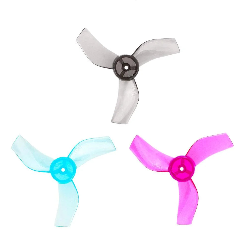 T-Motor M12199 Propeller, T-Motor M12199 three-blade drone propeller in translucent black, blue, and pink with center mounting hole