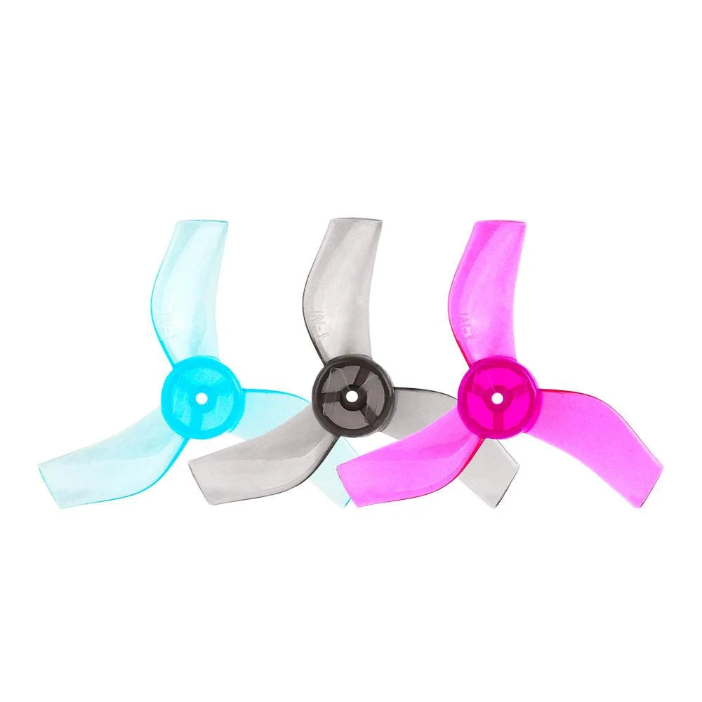 T-Motor M12199 Propeller, T-Motor M12199 three-blade drone propellers in cyan, smoke gray, and pink with central hubs