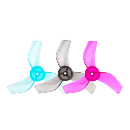 T-Motor M12199 Propeller, T-Motor M12199 three-blade drone propellers in cyan, smoke gray, and pink with central hubs