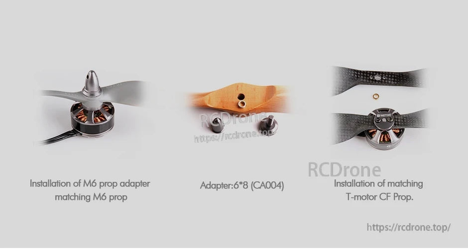 T-Motor M6 prop adapter (6×8 CA004) with prop nut and matching carbon fiber prop installation steps