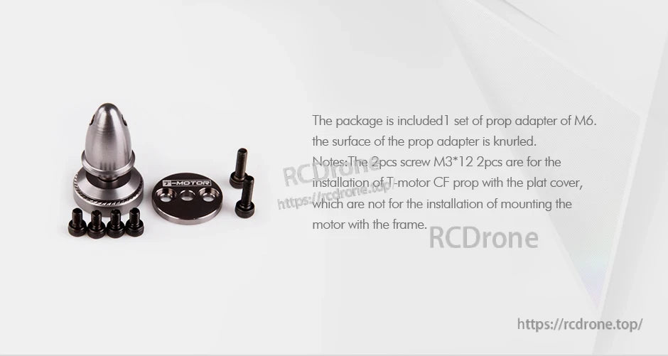 T-Motor M6 prop adapter set with knurled adapter, plate cover, and mounting screws for drone prop installation