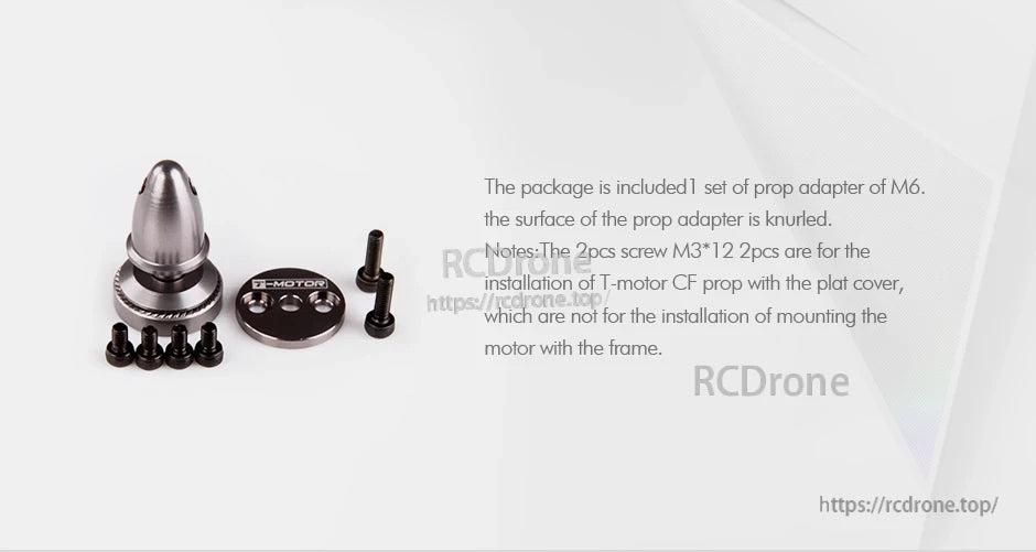 T-Motor M6 prop adapter set with knurled adapter, plate cover, and included mounting screws