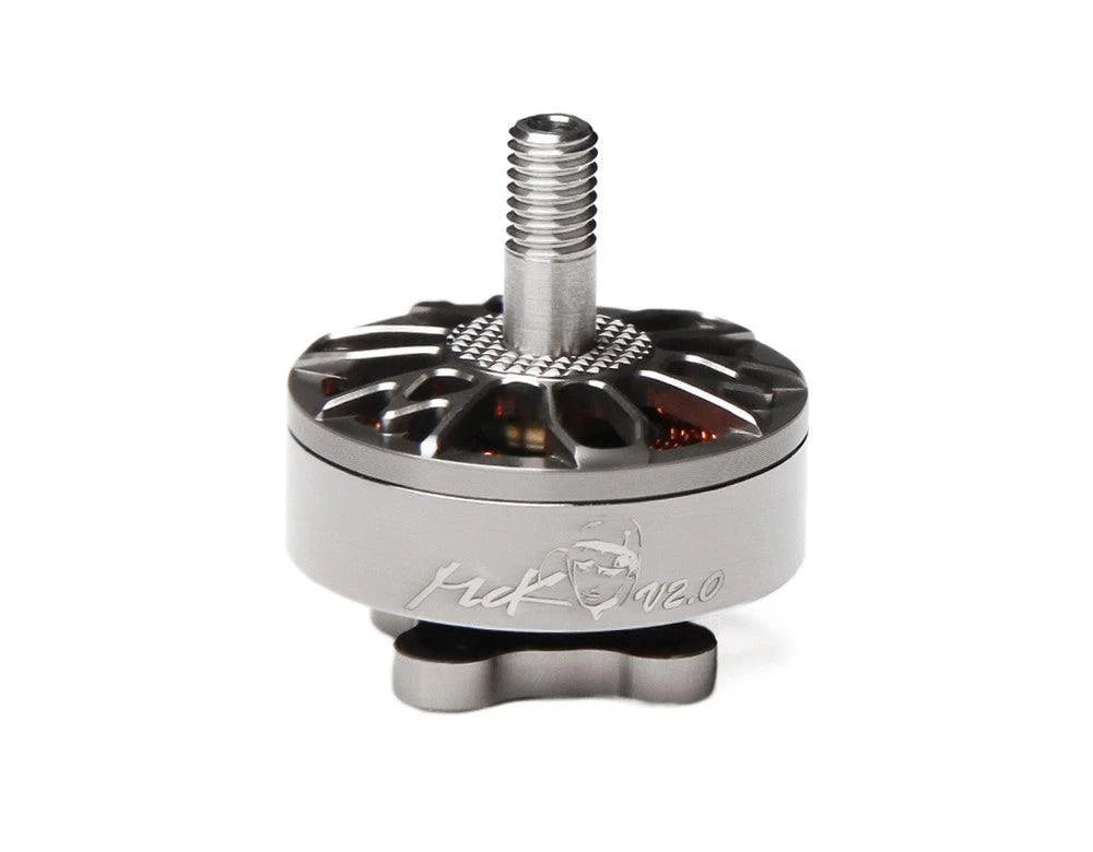 T-Motor style brushless drone motor with silver housing, vented top bell, and threaded prop shaft