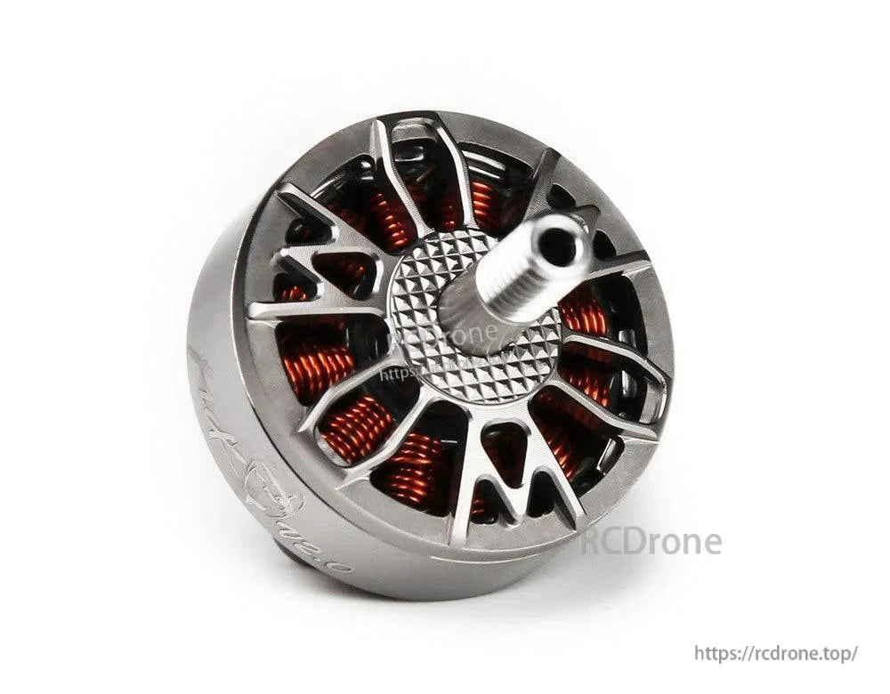 T-Motor brushless outrunner drone motor with silver ventilated bell, exposed copper windings, and threaded shaft