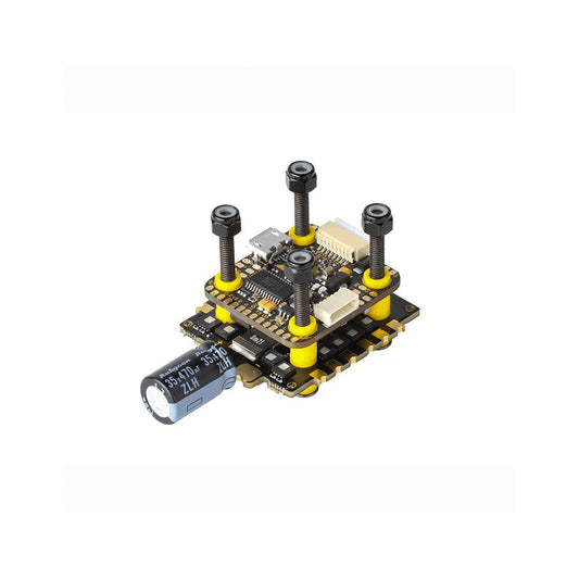 T-Motor MINI F7 flight controller and 4-in-1 ESC FPV drone stack with yellow grommets, screws, and capacitor