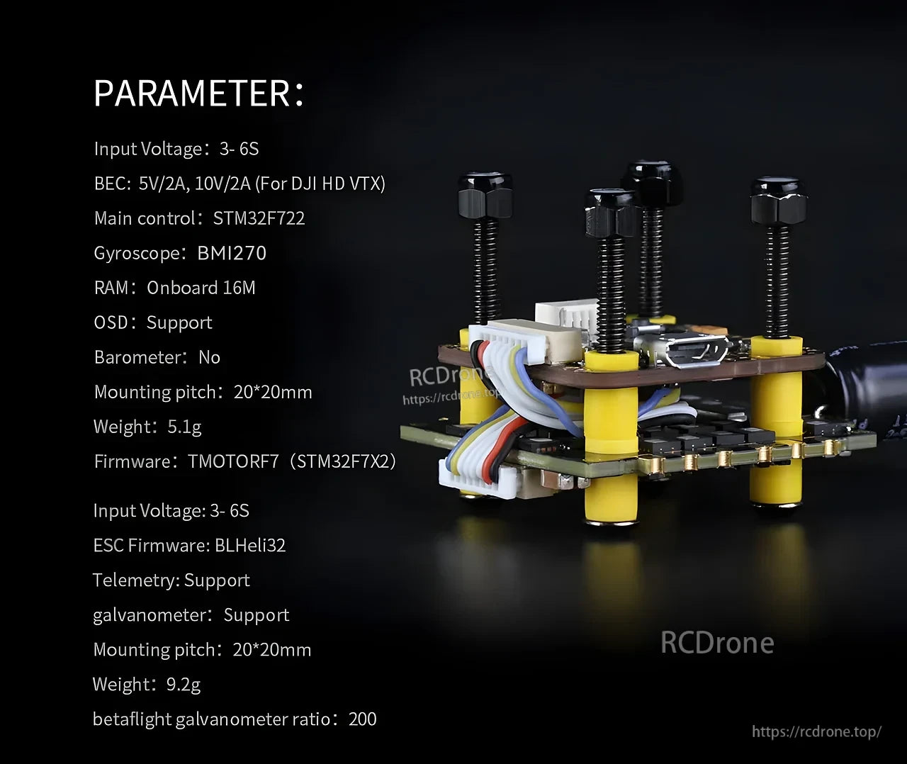 T-Motor MINI F45A + MINI F7 20x20 FPV drone ESC stack with wiring plugs, standoffs, and micro USB port
