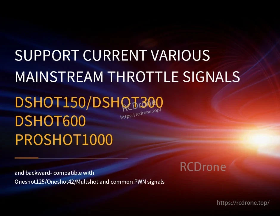 Graphic listing ESC throttle signal support: DSHOT150/300/600, PROSHOT1000, plus Oneshot and PWM compatibility