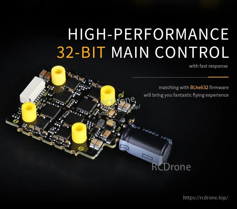 T-Motor Mini FPV 20x20 stack board with 4-in-1 ESC layout, yellow mounting gummies, and included capacitor
