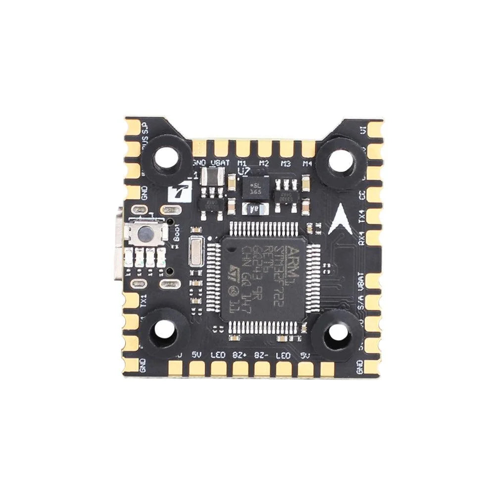 T-Motor MINI Racer F7 20x20 flight controller board with micro USB port, boot button, and solder pads