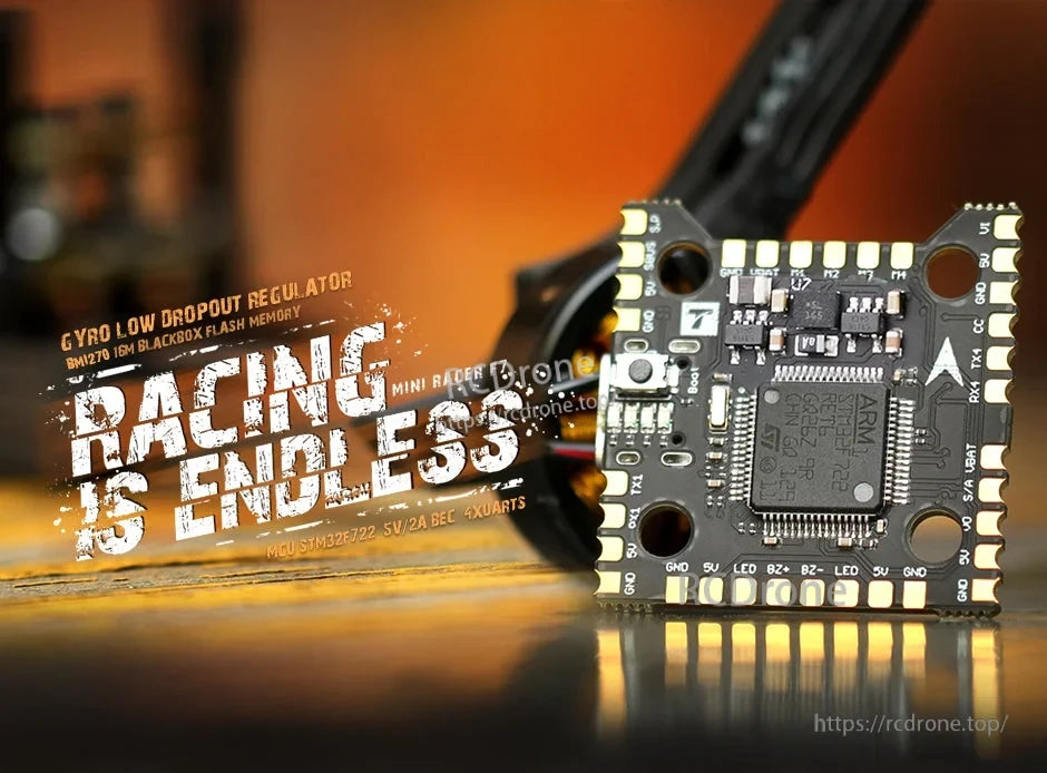 T-Motor MINI Racer F7 20x20 Flight Controller, T-Motor MINI Racer F7 flight controller board with labeled solder pads for 5V, GND, LED, buzzer, and UART