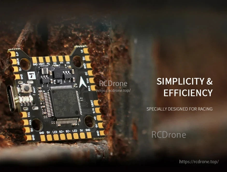 T-Motor MINI Racer F7 20x20 flight controller board with USB port and labeled solder pads
