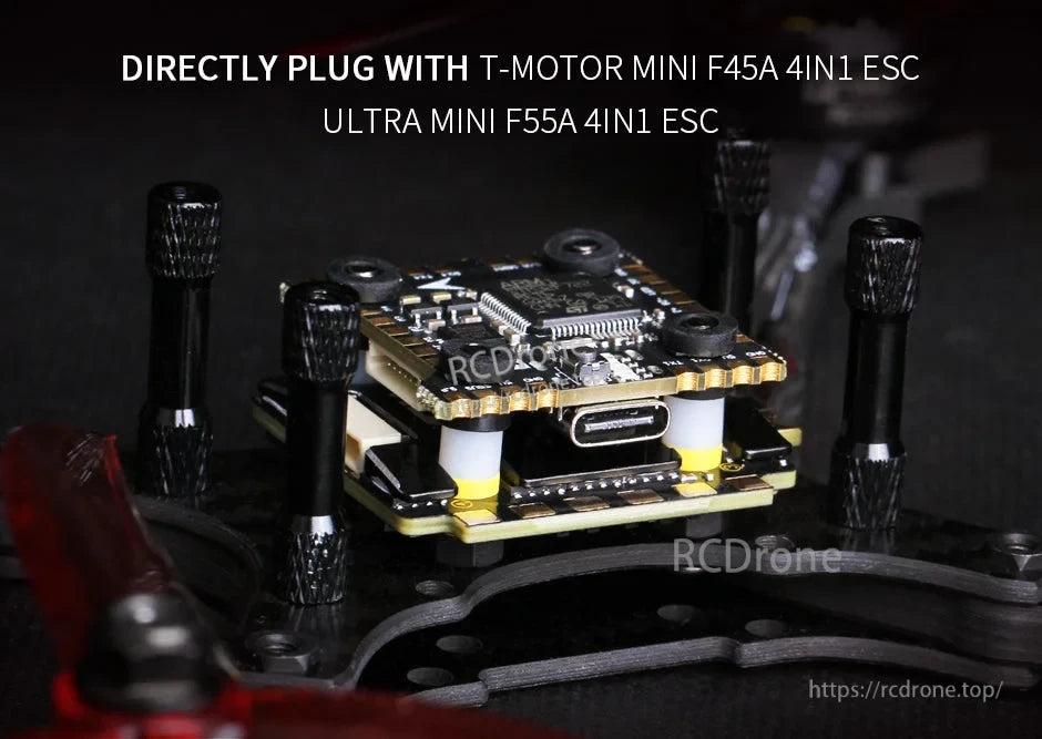 T-Motor MINI Racer F7 20x20 flight controller stack with USB-C port, plugs into Mini F45A/F55A 4-in-1 ESC