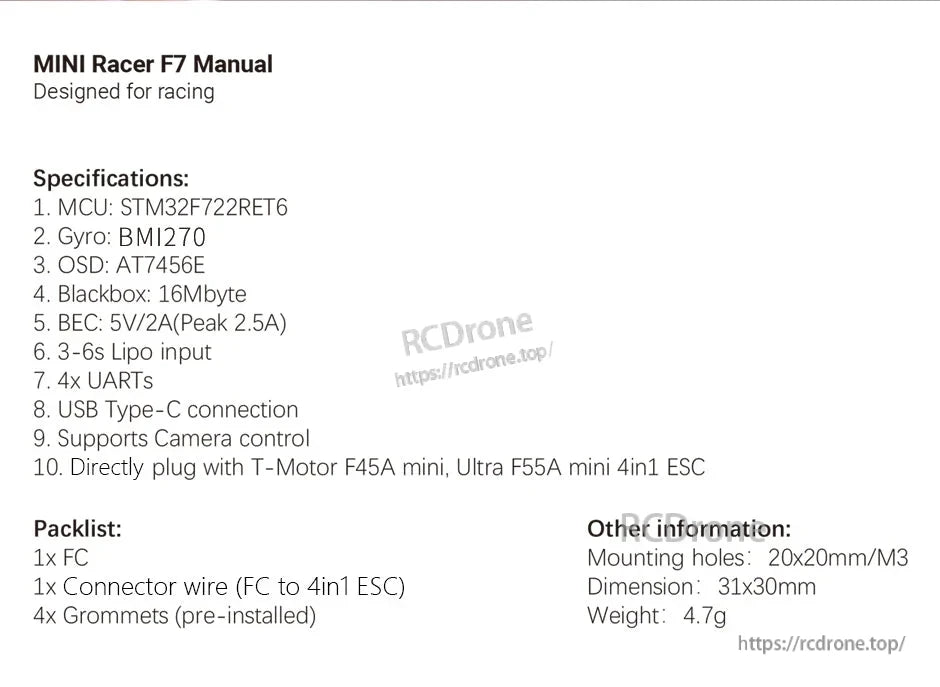 T-Motor MINI Racer F7 20x20 Flight Controller, MINI Racer F7 manual page listing specs: STM32F722 MCU, BMI270 gyro, USB‑C, 20x20mm M3 mounting holes