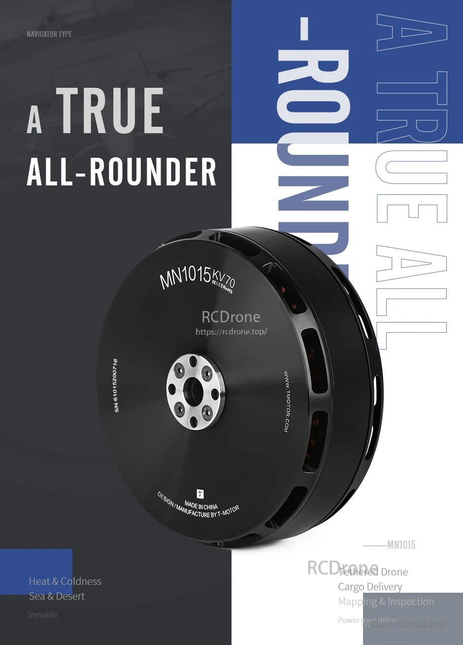 T-Motor MN1015 KV70 brushless drone motor in black housing with front mounting plate and vented side slots