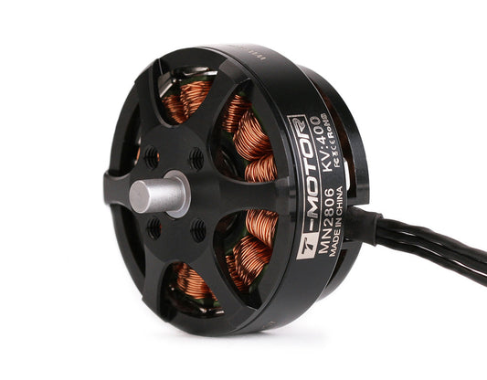 T-Motor MN2806 KV400 brushless motor with black open-frame housing, copper windings, and attached lead wire