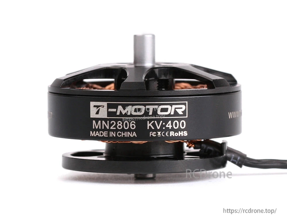 T-Motor MN2806 KV400 brushless outrunner motor for drones with labeled housing and attached power leads