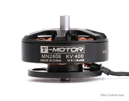 T-Motor MN2806 KV400 brushless outrunner motor for drones with labeled housing and attached power leads