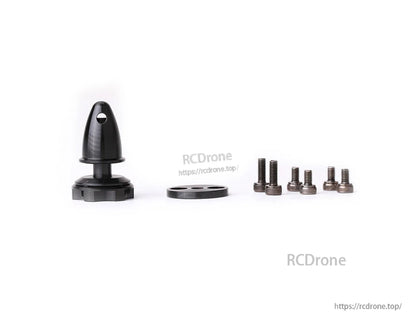 T-Motor black propeller spinner cone with mounting plate and assorted screws for RC drone setup