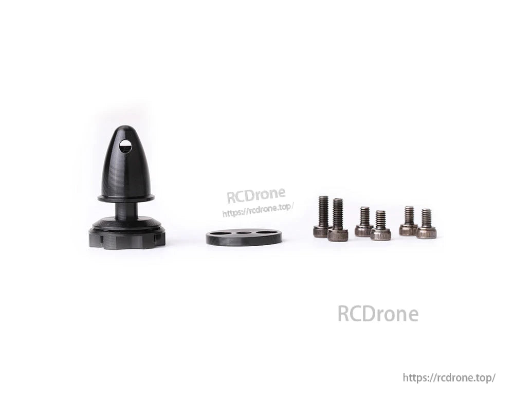 T-Motor, Black plastic mounting adapter with round plate and assorted screws set on a white background