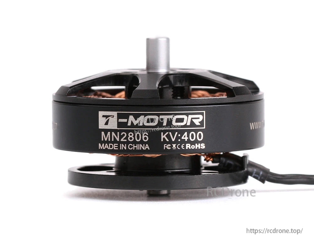 T-Motor MN2806 KV400 brushless drone motor, black housing with top shaft and side lead wire