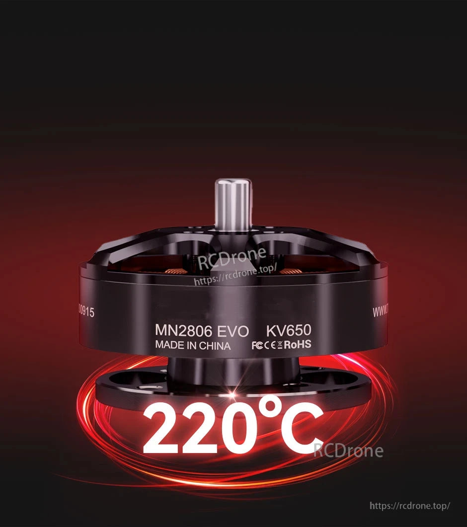 T-Motor MN2806 EVO KV650 brushless drone motor with top shaft, open frame, and 220°C graphic