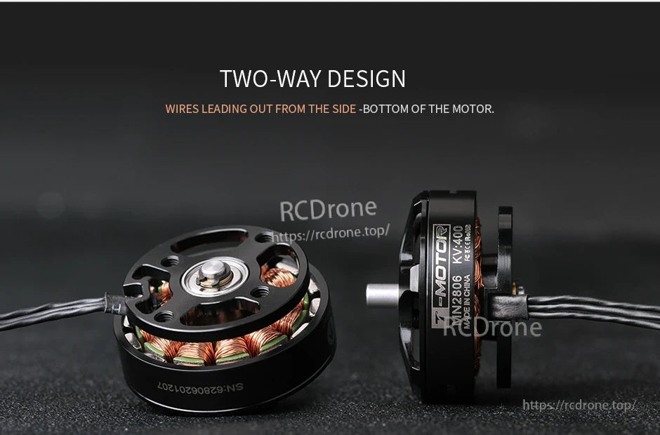 T-Motor MN2806 KV400 brushless motor with two-way wire exit option from the side or bottom