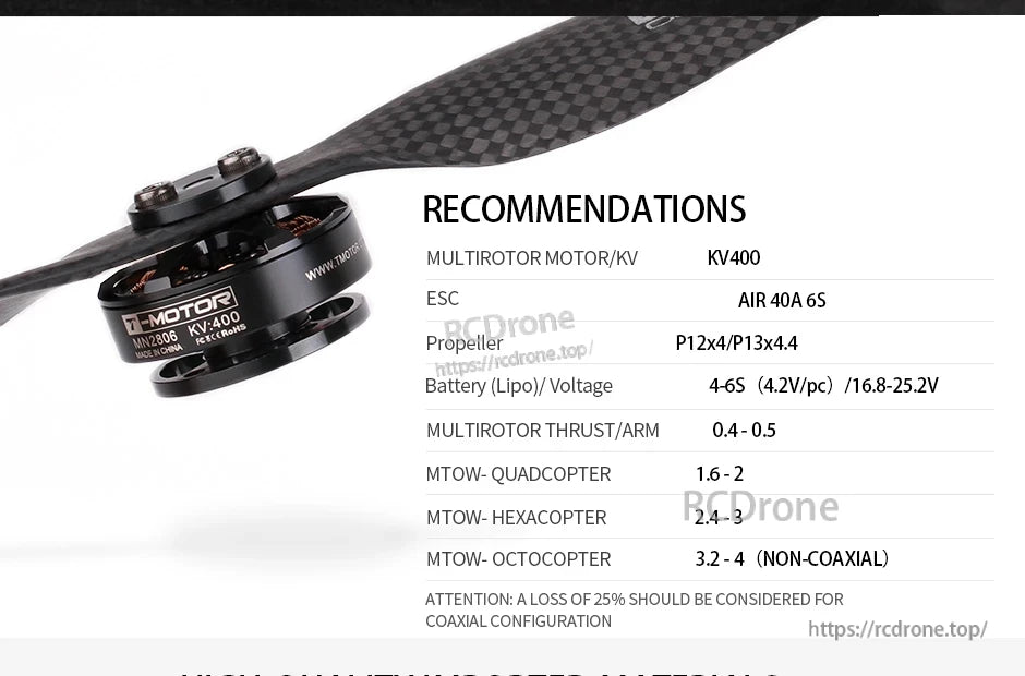 T-Motor MN2806 KV400 multirotor motor with propeller and recommended ESC, prop size, and 4–6S battery specs