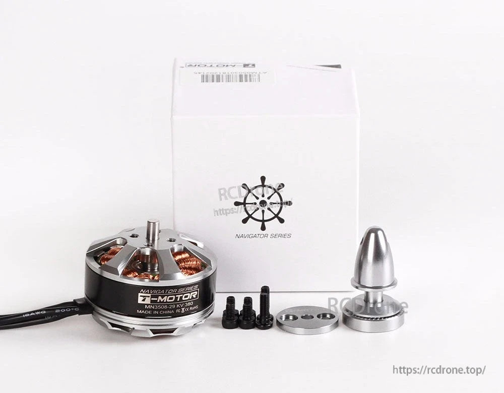 T-Motor Navigator Series MN3508-2 KV380 brushless outrunner motor with prop adapter, screws and box