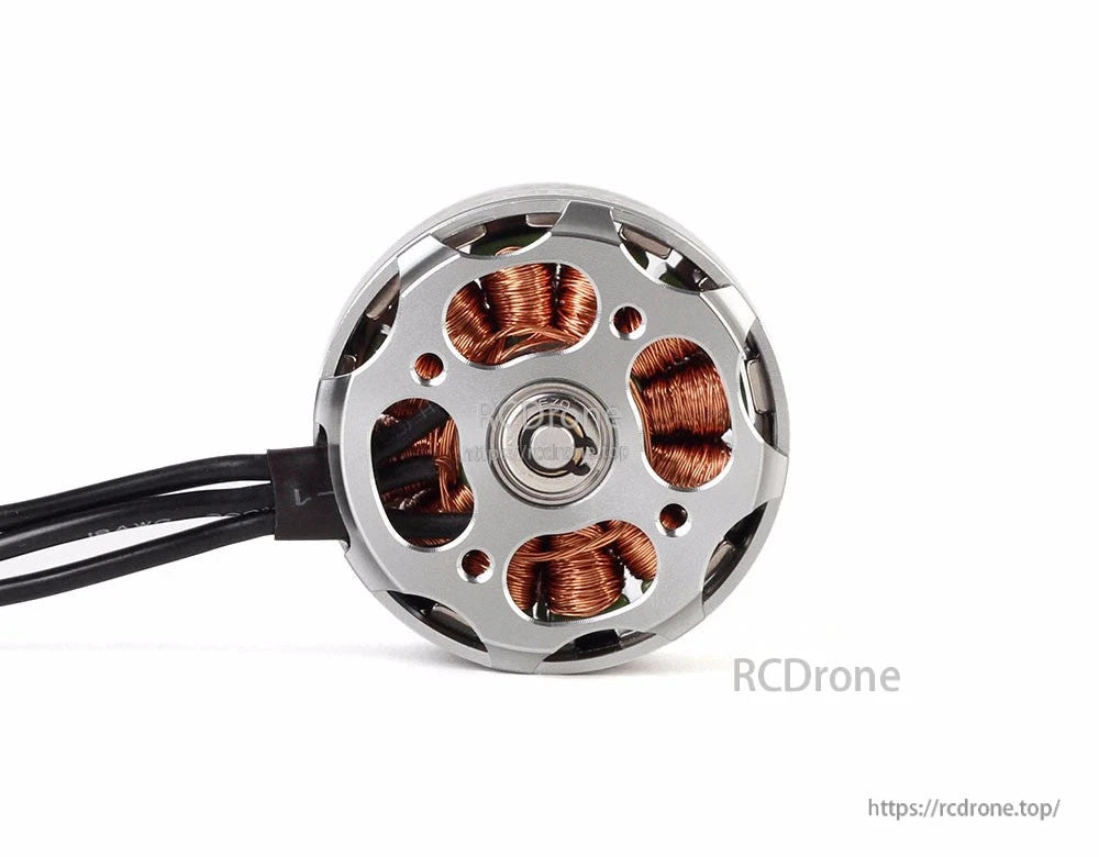 T-Motor silver brushless drone motor with exposed copper windings and attached power leads